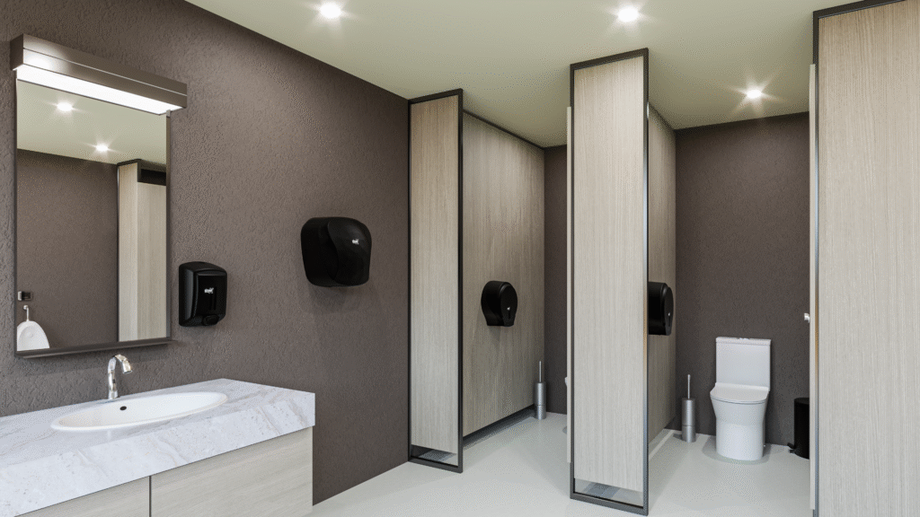 Baño de restaurante con secador de manos eléctrico
