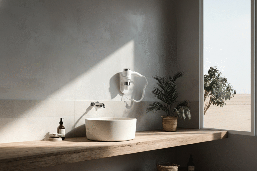 Lavabo sobre encimera de madera con grifería de pared